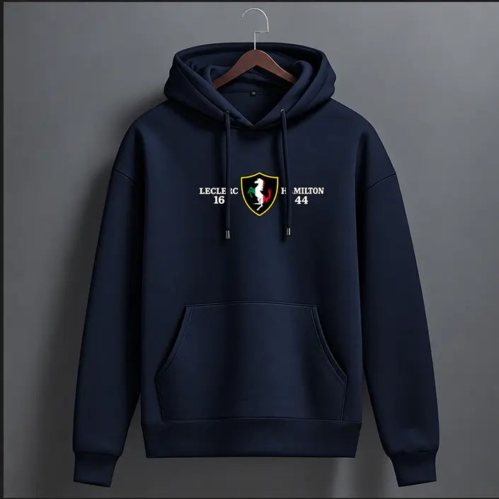 Navy blue Leclerc 16 Hamilton 44 graphic hoodie with shield crest – front view, The Loopzs