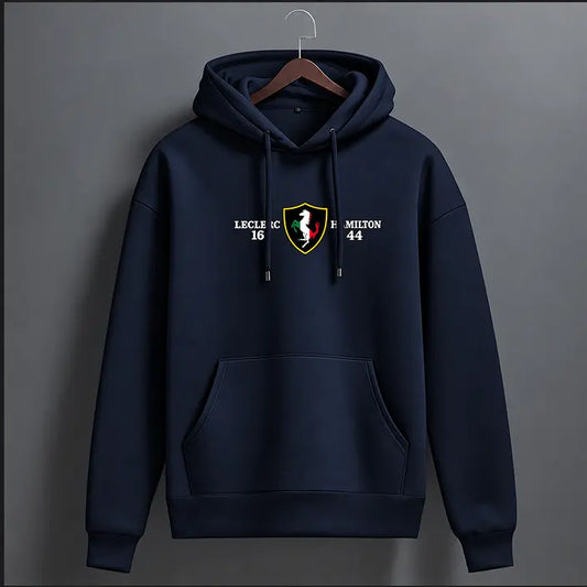 Navy blue Leclerc 16 Hamilton 44 graphic hoodie with shield crest – front view, The Loopzs