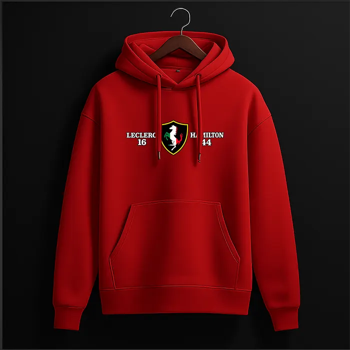 Red Leclerc 16 Hamilton 44 graphic hoodie with shield crest print – front view, The Loopzs