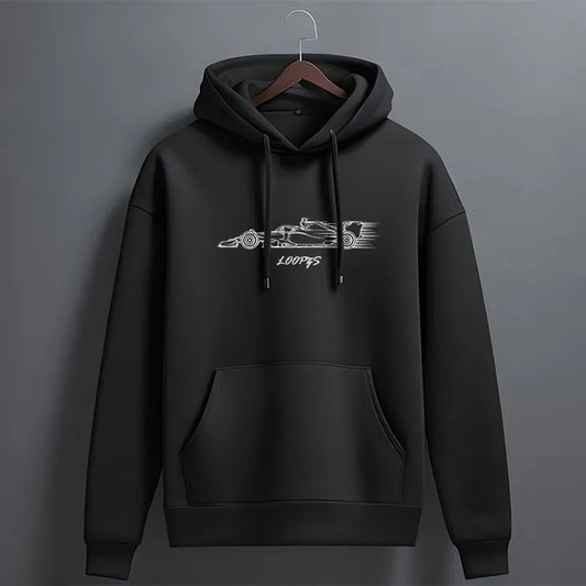 Black racing car speed line art graphic hoodie with white print and Loopzs script logo – front view, The Loopzs
