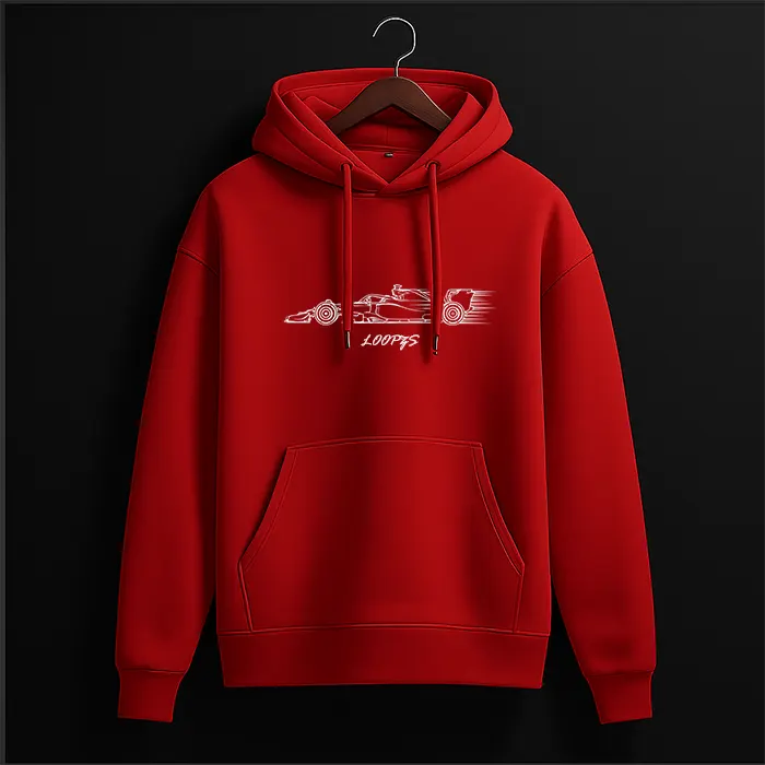 Red racing car speed line art graphic hoodie with white print and Loopzs script logo – front view, The Loopzs