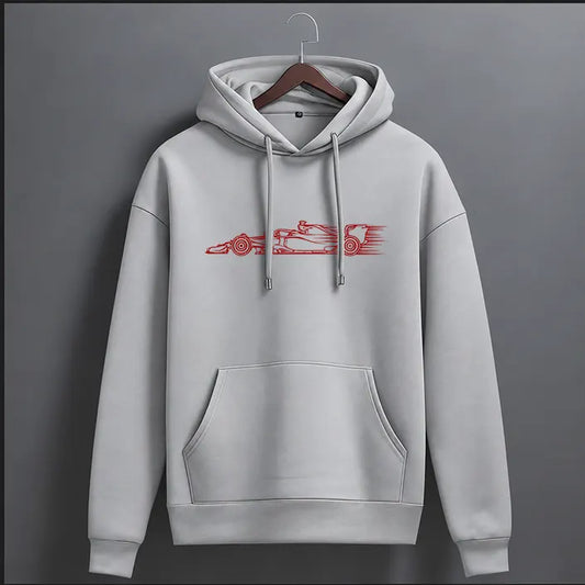 Grey racing car speed line art graphic hoodie with red open-wheel car print – front view, The Loopzs