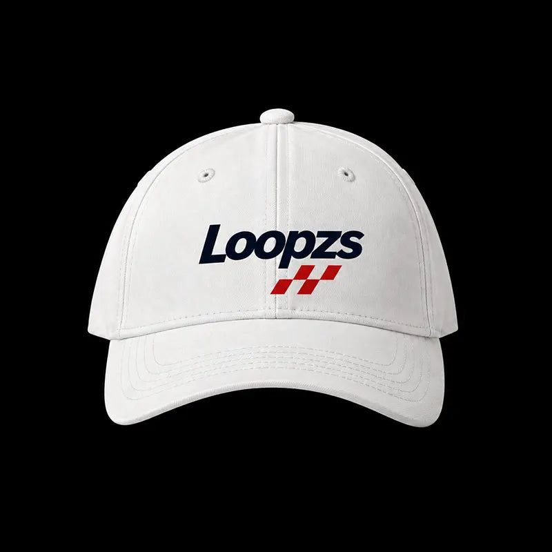 A white baseball cap with the brand name 'Loopzs' embroidered in navy blue on the front, accompanied by a red and white checkered flag graphic, set against a solid black background.