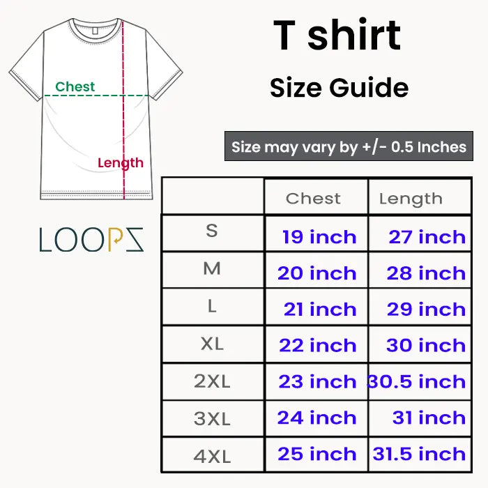 Size chart for tshirt including Small, Medium, Large, X Large, 2 X large, 4XL