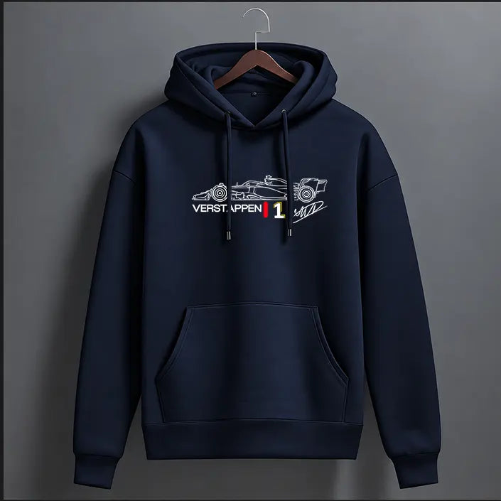 Navy blue Verstappen 1 racing car outline graphic hoodie with white print and signature – front view, The Loopzs