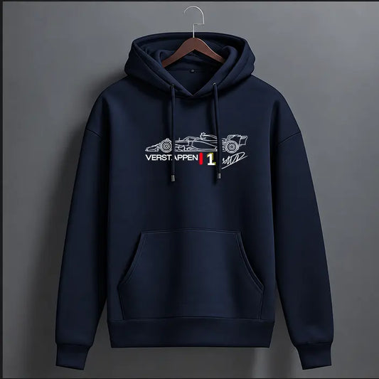 Navy blue Verstappen 1 racing car outline graphic hoodie with white print and signature – front view, The Loopzs