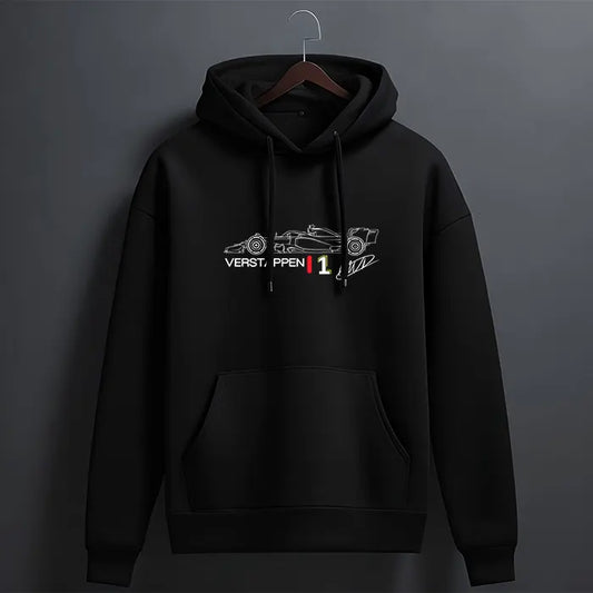 Black Verstappen 1 racing car outline graphic hoodie with white print and red and green number accent – front view, The Loopzs