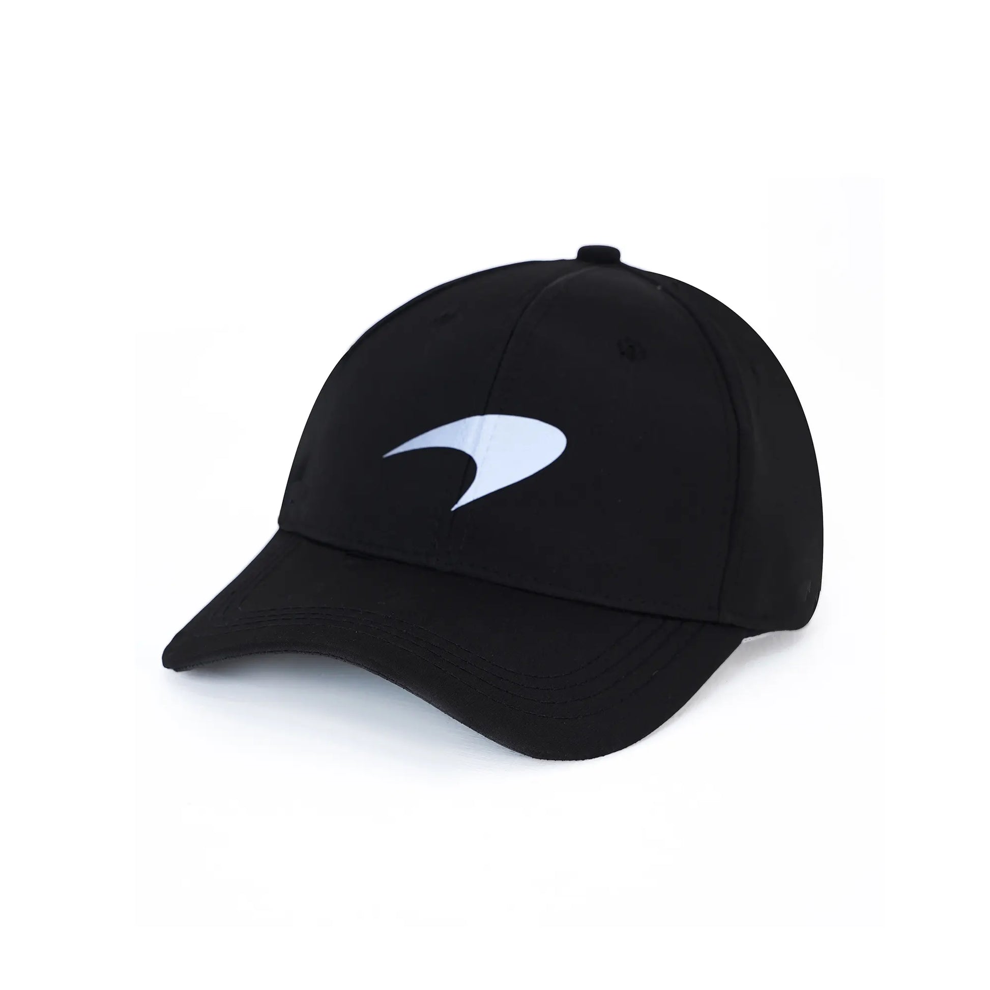 Black cap with a white logo on a white background