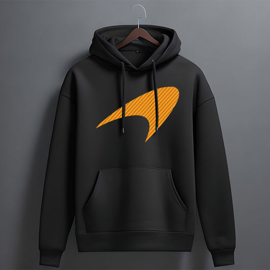 Black hoodie with orange logo on a gray background