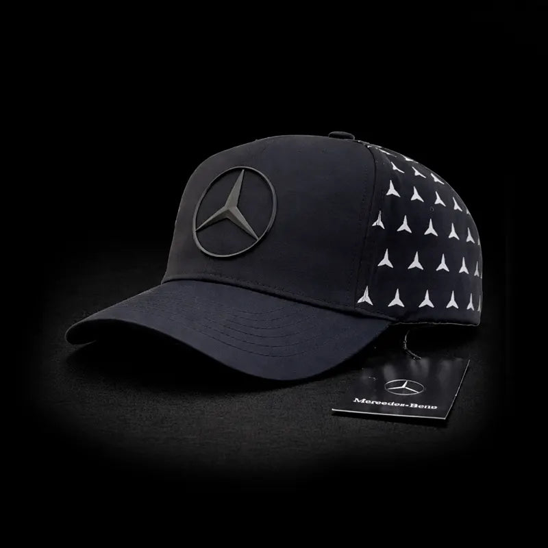 Black cap with Mercedes-Benz logo and pattern on a black background