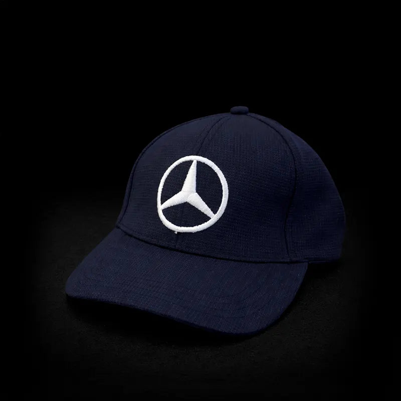 Navy blue cap with Mercedes-Benz logo on a black background