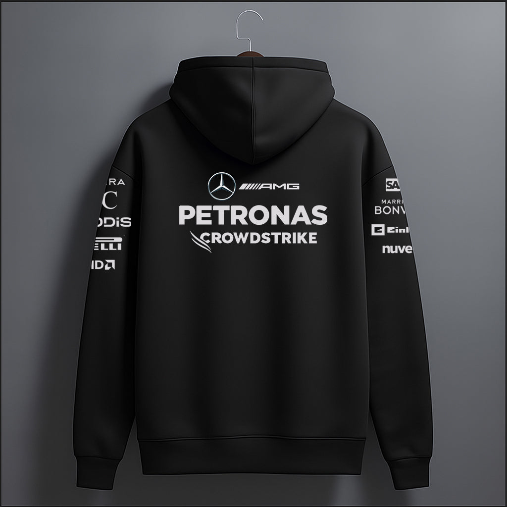 Black hoodie with Mercedes-AMG Petronas and other sponsor logos on a gray background