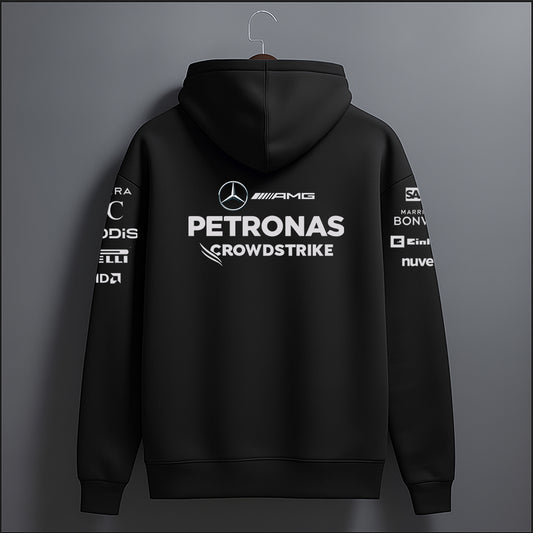 Black hoodie with Mercedes-AMG Petronas and other sponsor logos on a gray background
