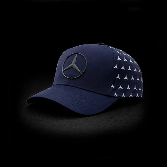 Navy blue cap with Mercedes-Benz logo on a black background