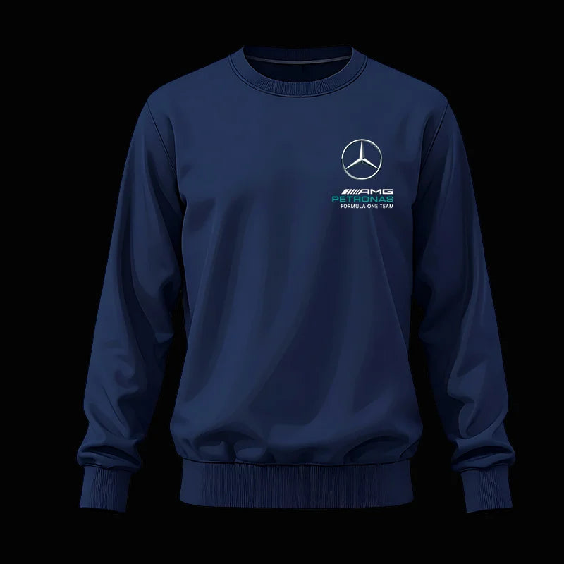 Navy blue sweatshirt with Mercedes-AMG Formula One Team logo on a black background