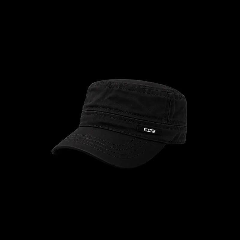Black military cap with flat crown, curved brim and small woven side label, angled view