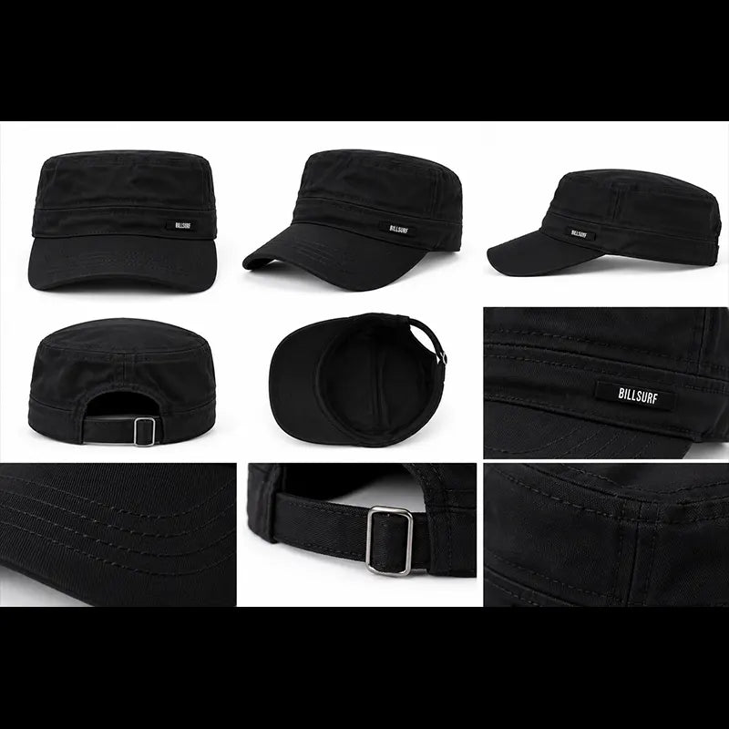 Black adjustable military cap shown from front, side, back with metal buckle strap, inside and close-up details