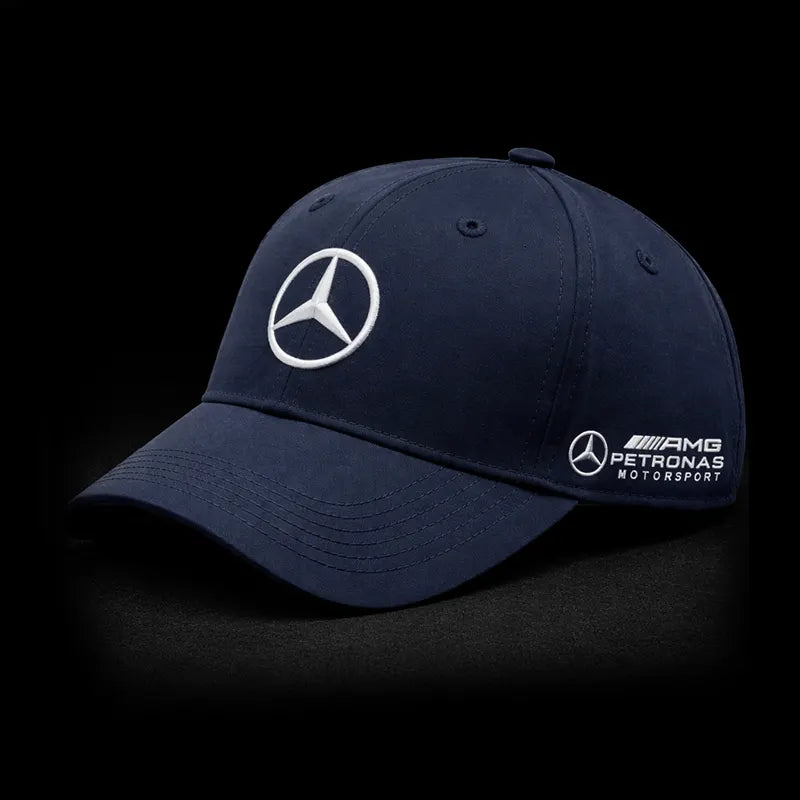 Navy blue cap with Mercedes-Benz logo on a black background