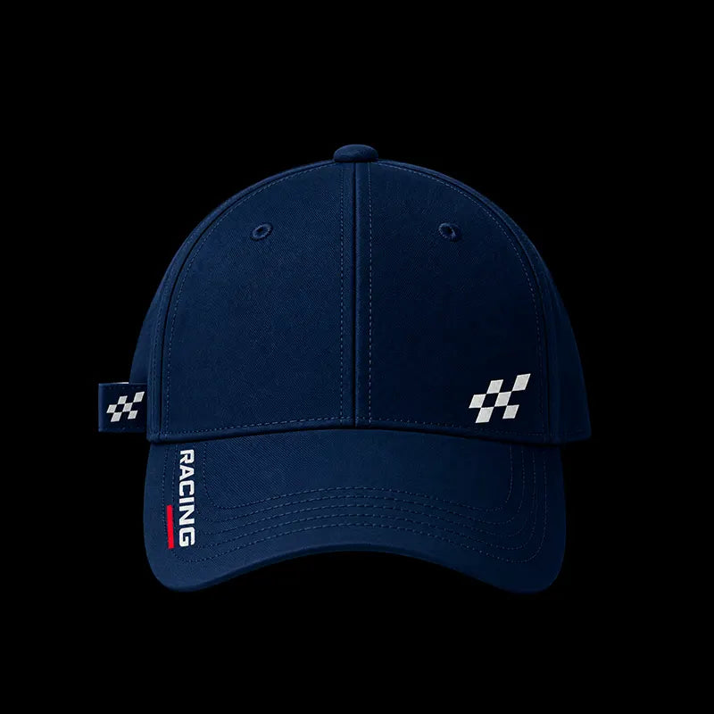 A dark navy blue baseball cap with racing-themed details, including a checkered flag logo on the side and front, and 'RACING' embroidered vertically on the brim, set against a solid black background.