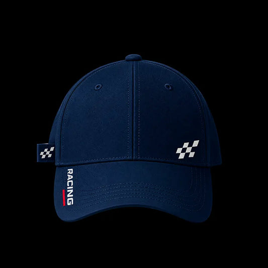A dark navy blue baseball cap with racing-themed details, including a checkered flag logo on the side and front, and 'RACING' embroidered vertically on the brim, set against a solid black background.