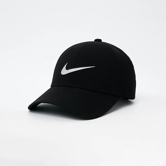 Black cap with a white logo on a light gray background