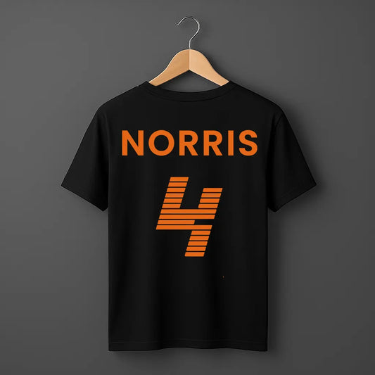 Black t-shirt with 'NORRIS 4' printed in orange on a hanger against a dark background