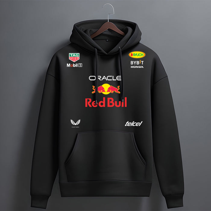 Oracle Red Bull Racing  team hoodie, featuring sponsor logos from Oracle, Red Bull, Tag Heuer, Mobil 1, Rauch, Bybit Honda, Castore, and Telcel. 