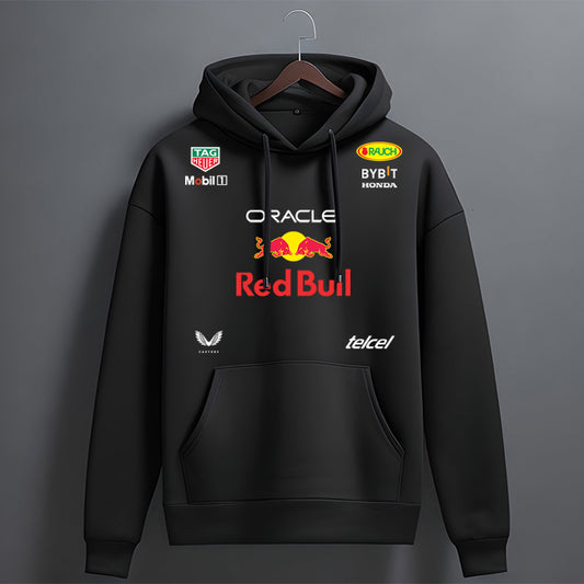 Oracle Red Bull Racing  team hoodie, featuring sponsor logos from Oracle, Red Bull, Tag Heuer, Mobil 1, Rauch, Bybit Honda, Castore, and Telcel. 