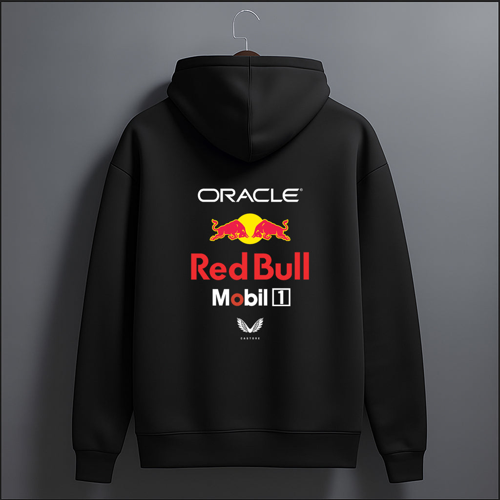 Black hoodie with Oracle, Red Bull, and Mobil logos on a gray background