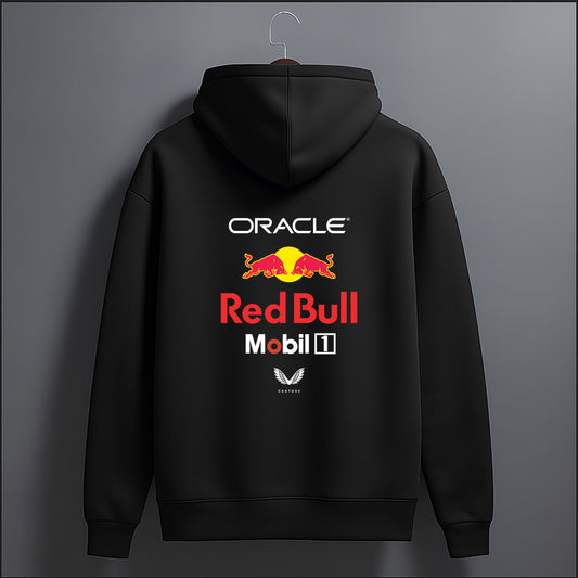 Black hoodie with Oracle, Red Bull, and Mobil logos on a gray background