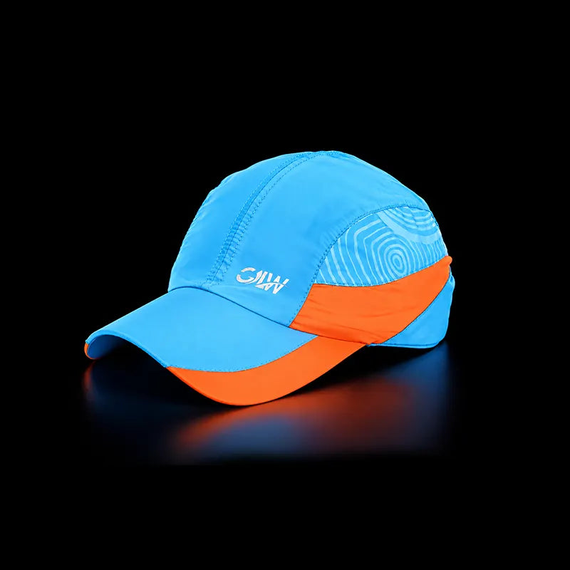  blue  orange sports cap with white mesh side panels and a curved brim.