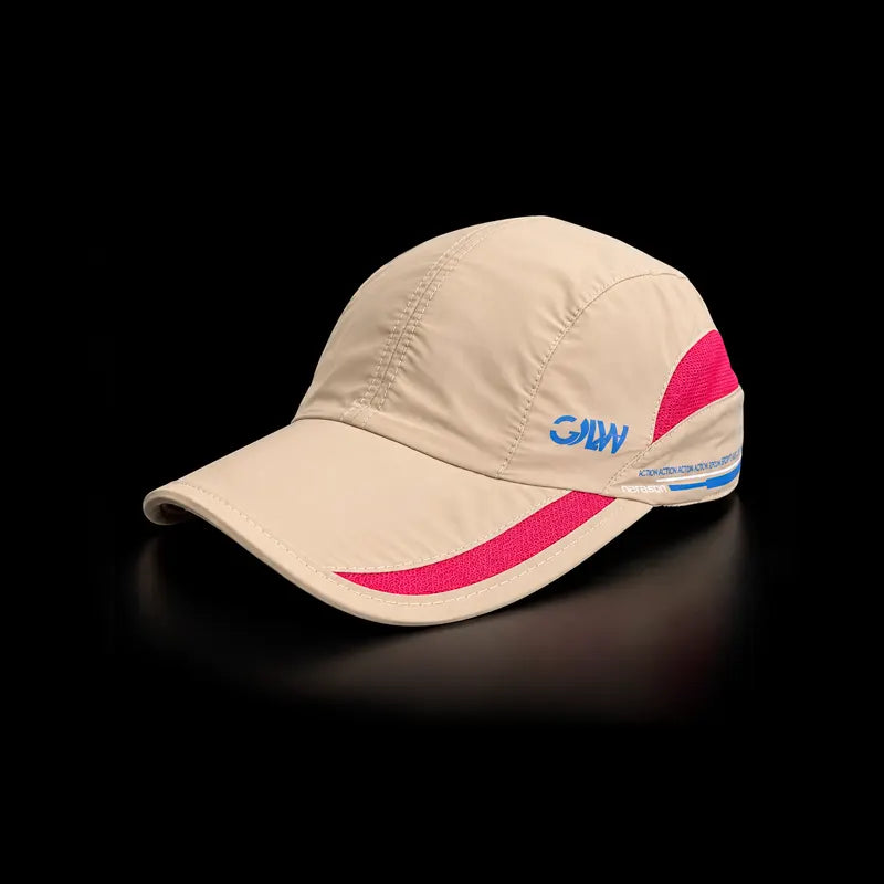Pink-beig sports cap with white mesh side panels and a curved brim.