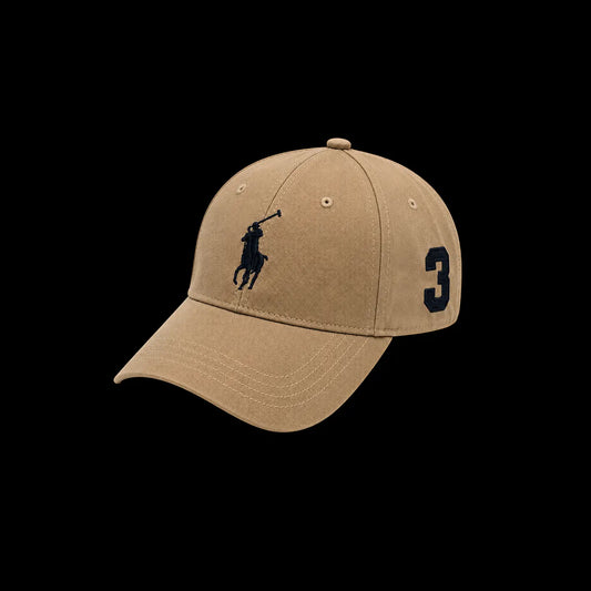 Beige cap with a logo and number 3 on a black background