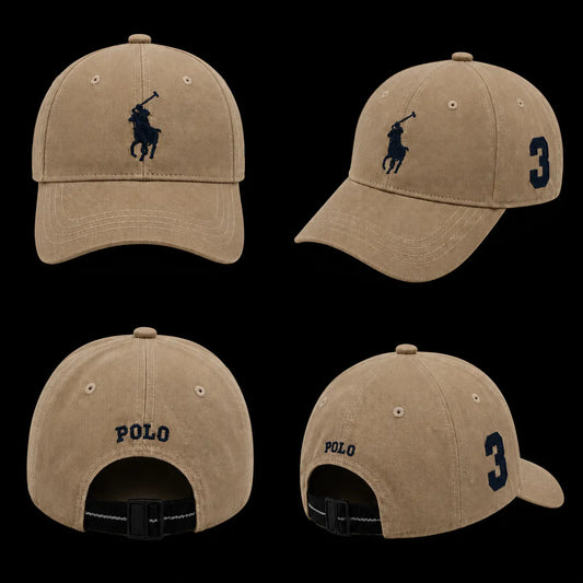 Beige cap with Polo Ralph Lauren logo and number 3 on a black background