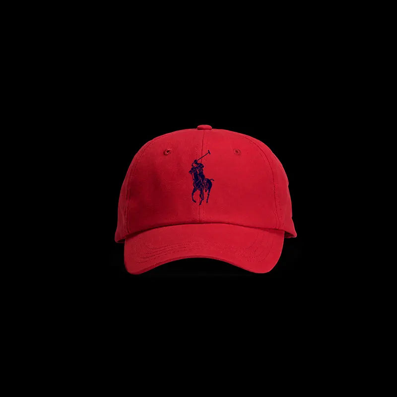 Red cap with a logo on a black background