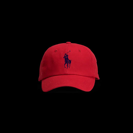 Red cap with a logo on a black background