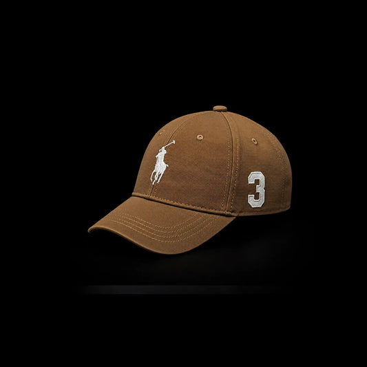 A brown baseball cap featuring the white embroidered Polo Ralph Lauren pony logo on the front and the number 3 on the side, set against a solid black background.