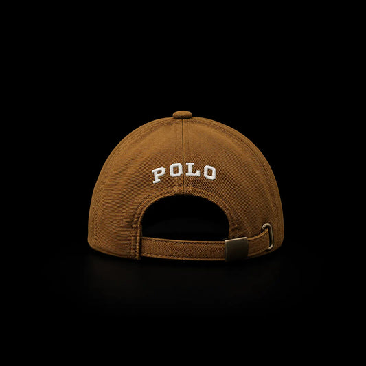 A brown Polo Ralph Lauren baseball cap shown from the back, featuring white embroidered 'POLO' lettering on a solid black background.