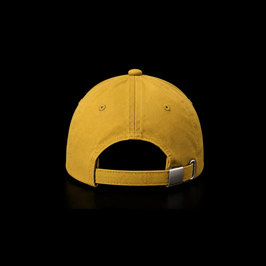 A yellow baseball cap shown from the back, featuring a fabric strap with a silver metal buckle, set against a solid black background.