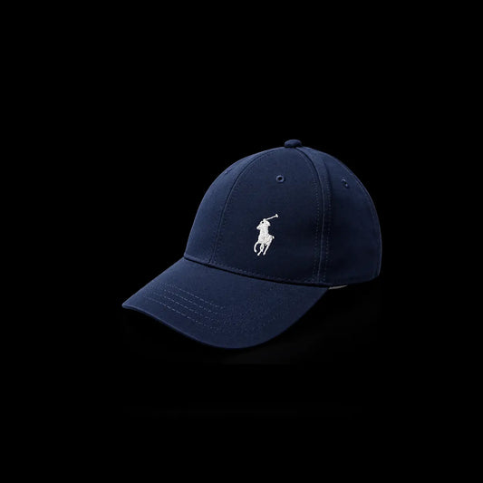 A navy blue baseball cap with the white embroidered Polo Ralph Lauren pony logo on the front, set against a solid black background.