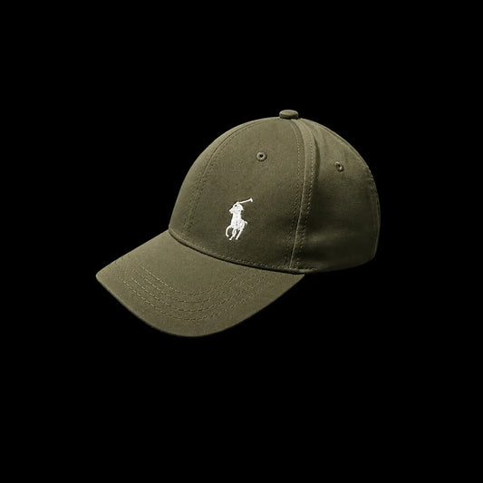 An olive green Polo Ralph Lauren baseball cap with the classic white embroidered pony logo on the front, shown against a solid black background.