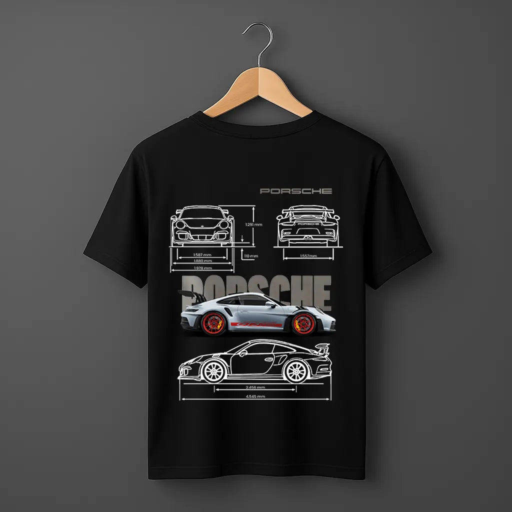 Porsche Black T-Shirt with car blueprint design and sports car graphic – premium cotton tee for men Pakistan.