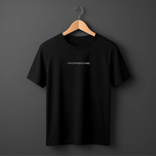 Detailed Porsche car blueprint printed on black cotton T-Shirt – stylish automotive streetwear for men in Pakistan.