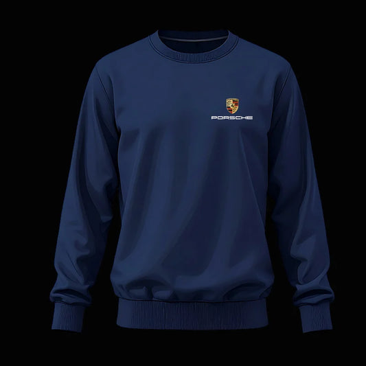 Navy blue sweatshirt with Porsche logo on a black background