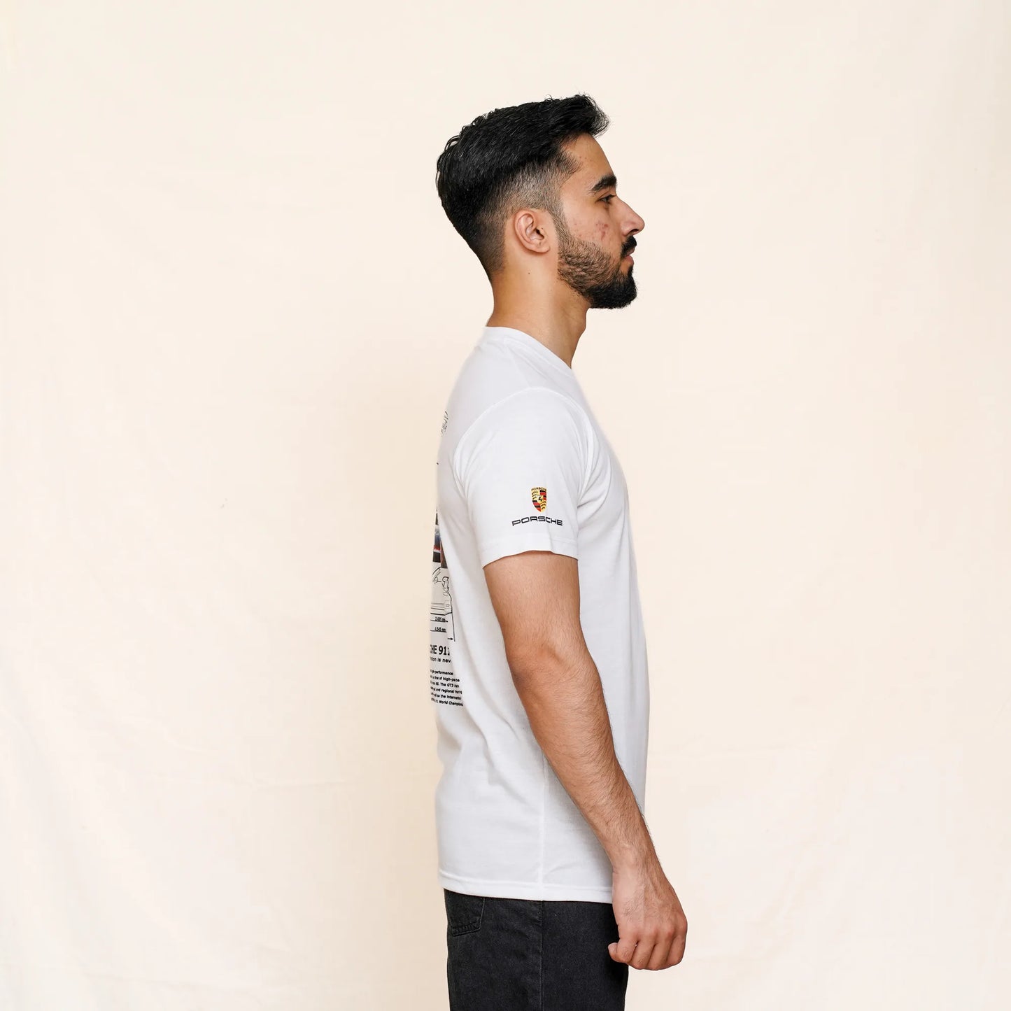 Porsche White T-Shirt  sleeve with car blueprint design and sports car graphic – premium cotton tee for men Pakistan.