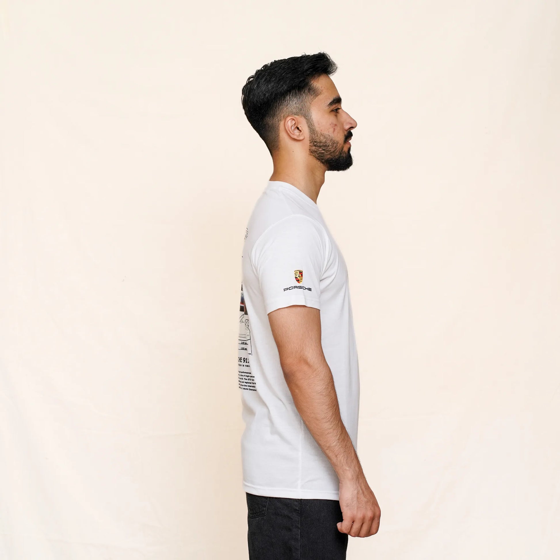 Porsche White T-Shirt  sleeve with car blueprint design and sports car graphic – premium cotton tee for men Pakistan.
