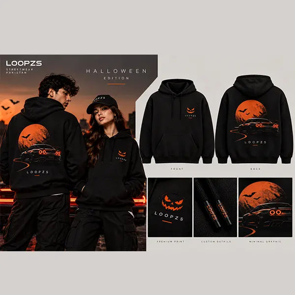 Halloween Night Drive black racing hoodie product shoot showing front and back prints, Loopzs Pakistan