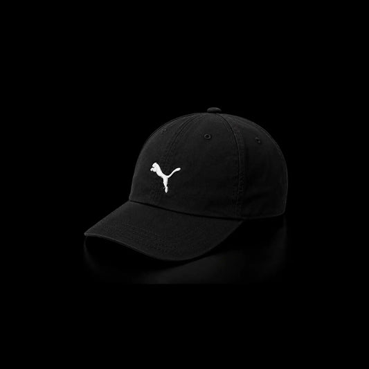 A black baseball cap with a white embroidered Puma logo on the front, set against a solid black background.