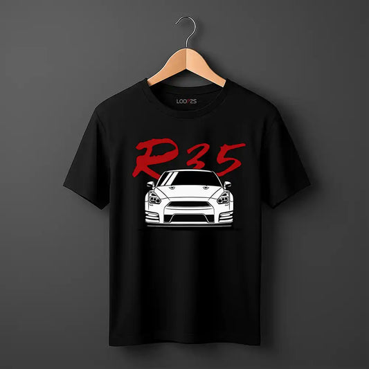 Black t-shirt with a car graphic and 'R25' text on a hanger against a dark background