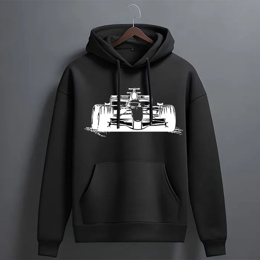Black racing car front view graphic hoodie with white open-wheel car print – front view, The Loopzs